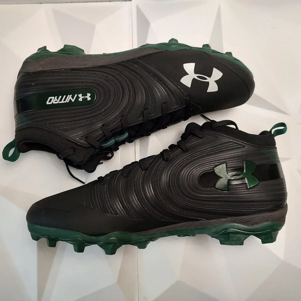 Under Armour Mens Football Cleat 16 Black Green Shoe Lacrosse Nitro Mid MC - Picture 2 of 10